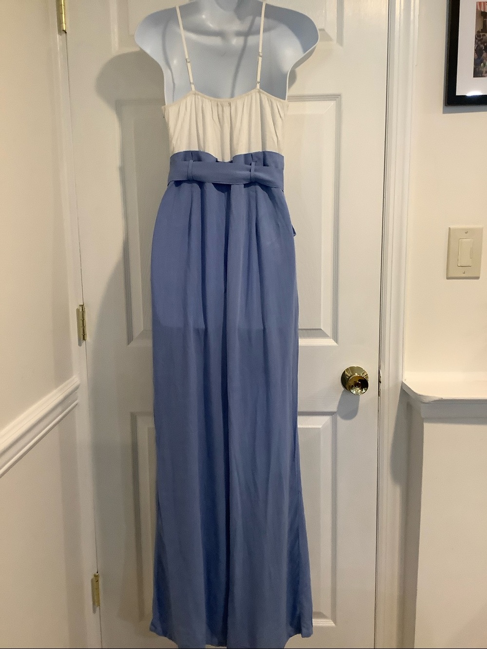 NWT REVAMPED White/Blue Gauzy Paper Bag Waist Coastal Beachy Summer Jumpsuit S - Picture 7 of 12